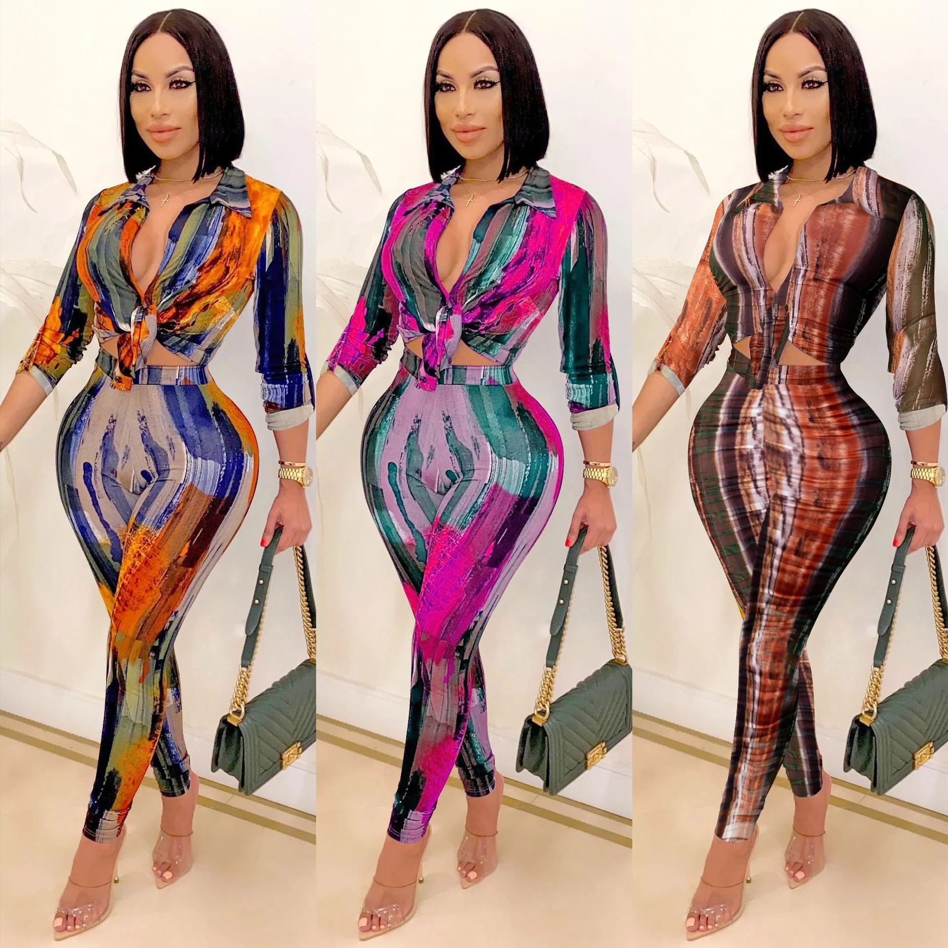 2023 Sexy Autumn Elegant African Women Long Sleeve V-neck Polyester Two Pieces Sets Top and Long Pant - Image 6