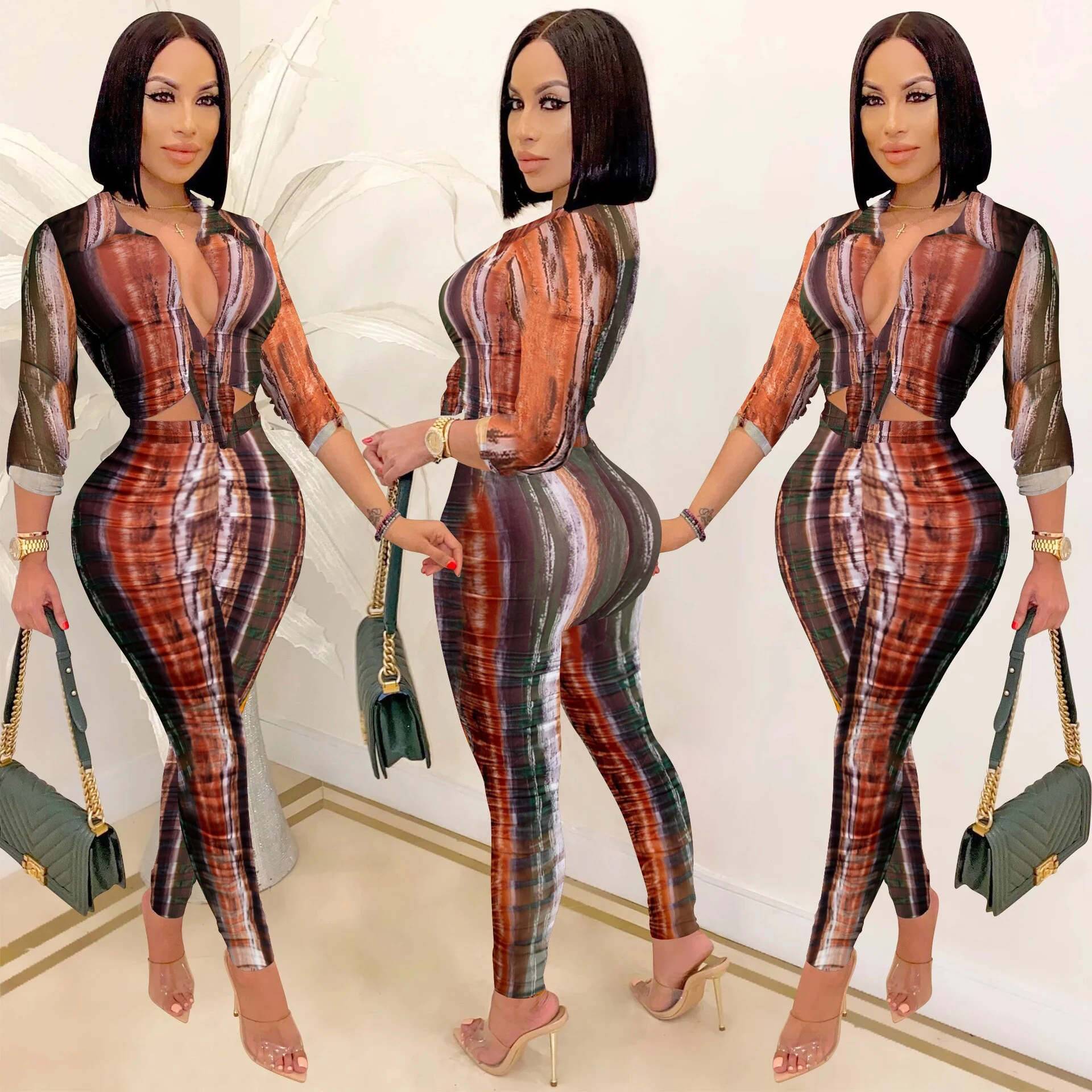 2023 Sexy Autumn Elegant African Women Long Sleeve V-neck Polyester Two Pieces Sets Top and Long Pant - Image 7