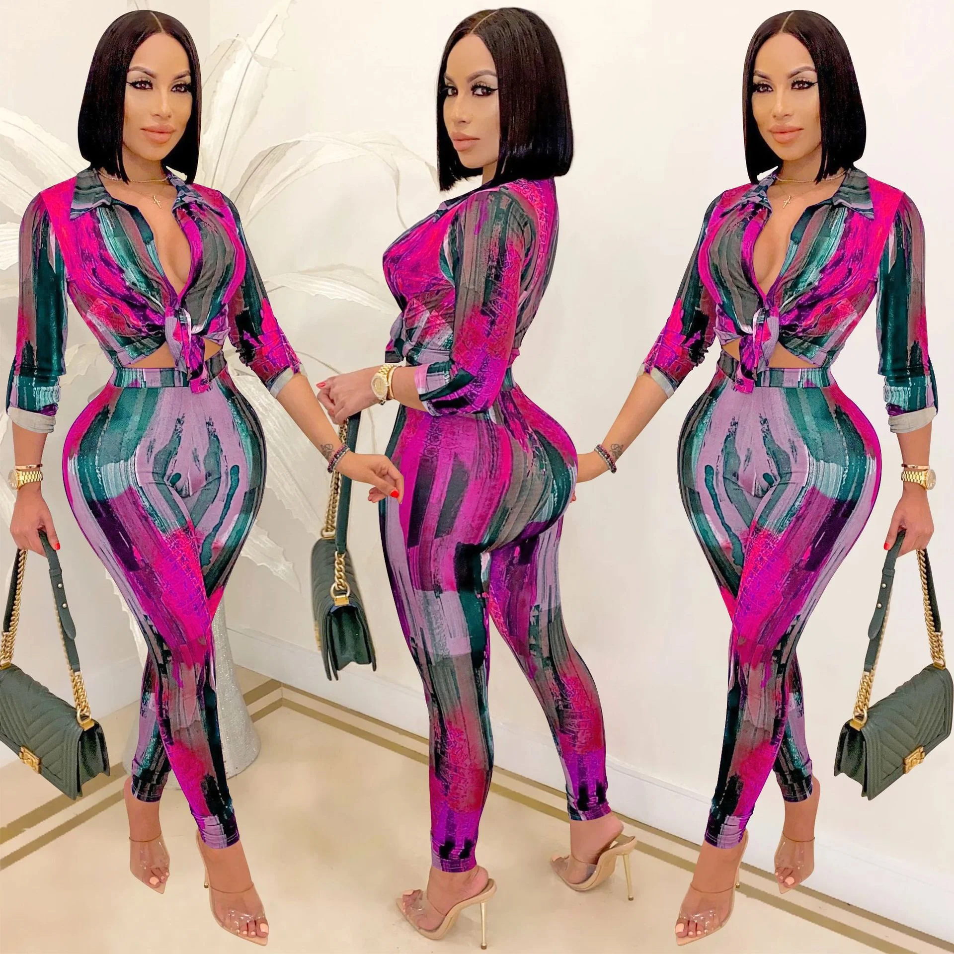 2023 Sexy Autumn Elegant African Women Long Sleeve V-neck Polyester Two Pieces Sets Top and Long Pant - Image 8