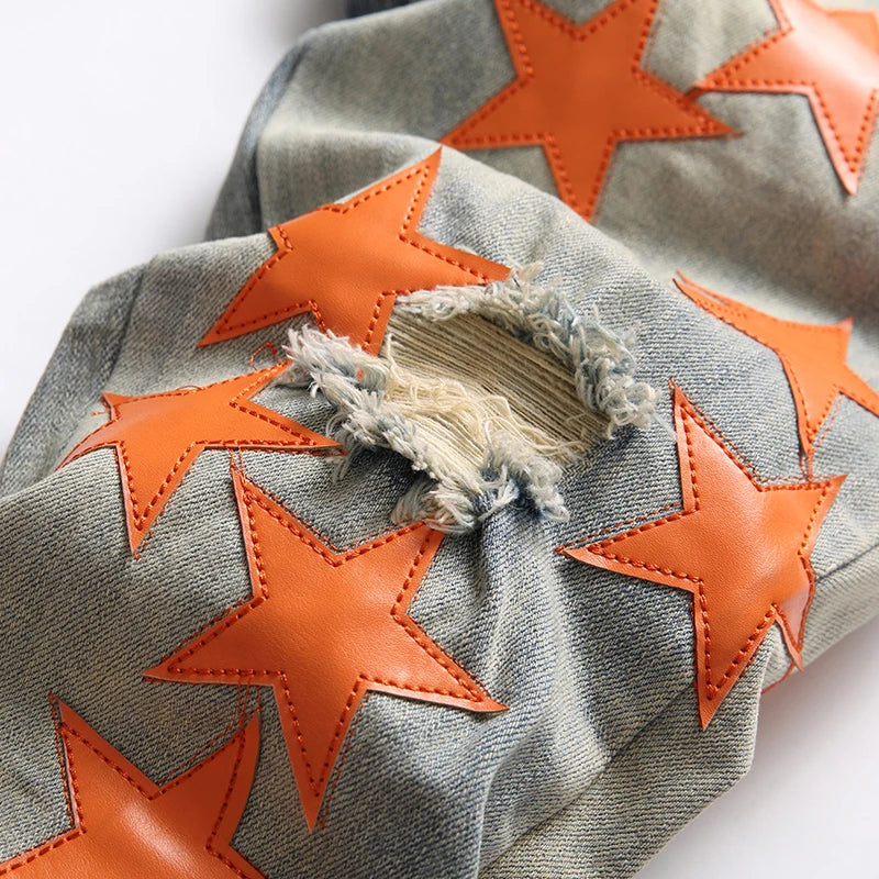 2023 Autumn New Fashion Men High Street Orange Star Embroidery Patch Jeans Men's Slim Fit Full Sky Star Denim Pants Jeans - Image 3
