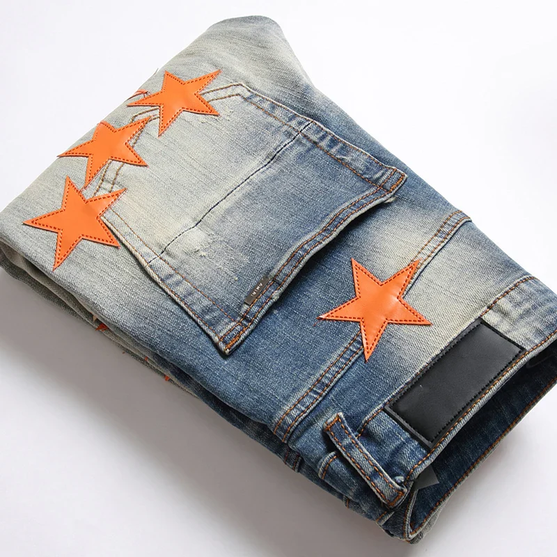 2023 Autumn New Fashion Men High Street Orange Star Embroidery Patch Jeans Men's Slim Fit Full Sky Star Denim Pants Jeans - Image 6