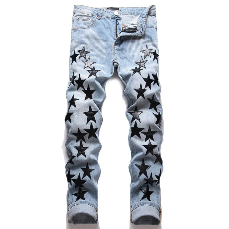 2023 Autumn New Fashion Men High Street Orange Star Embroidery Patch Jeans Men's Slim Fit Full Sky Star Denim Pants Jeans - Image 7