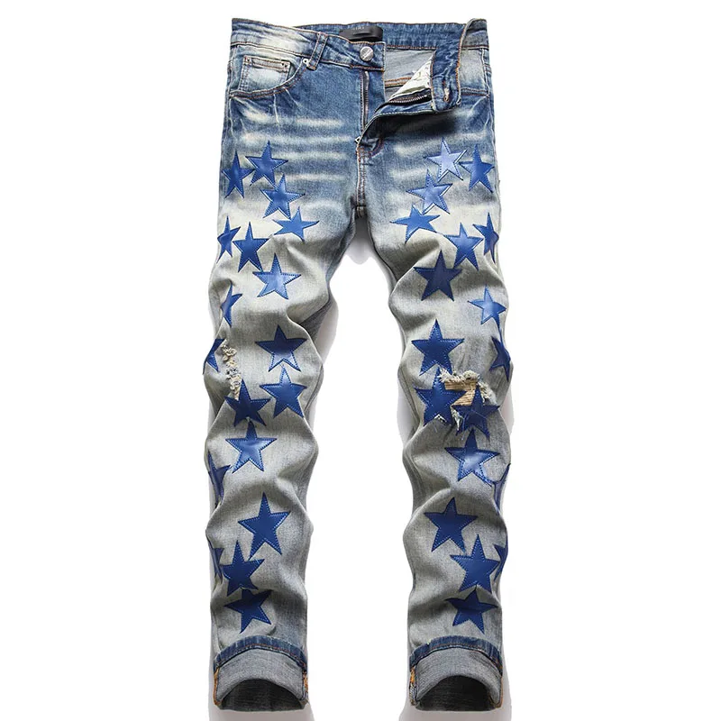 2023 Autumn New Fashion Men High Street Orange Star Embroidery Patch Jeans Men's Slim Fit Full Sky Star Denim Pants Jeans - Image 8