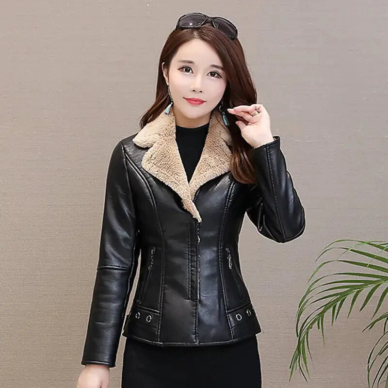 2023 Autumn Winter Women Leather Jacket Faux Fur Coat Warm Plush Thicken Female Slim Short Outwear Biker Motorcycle Clothes - Image 8