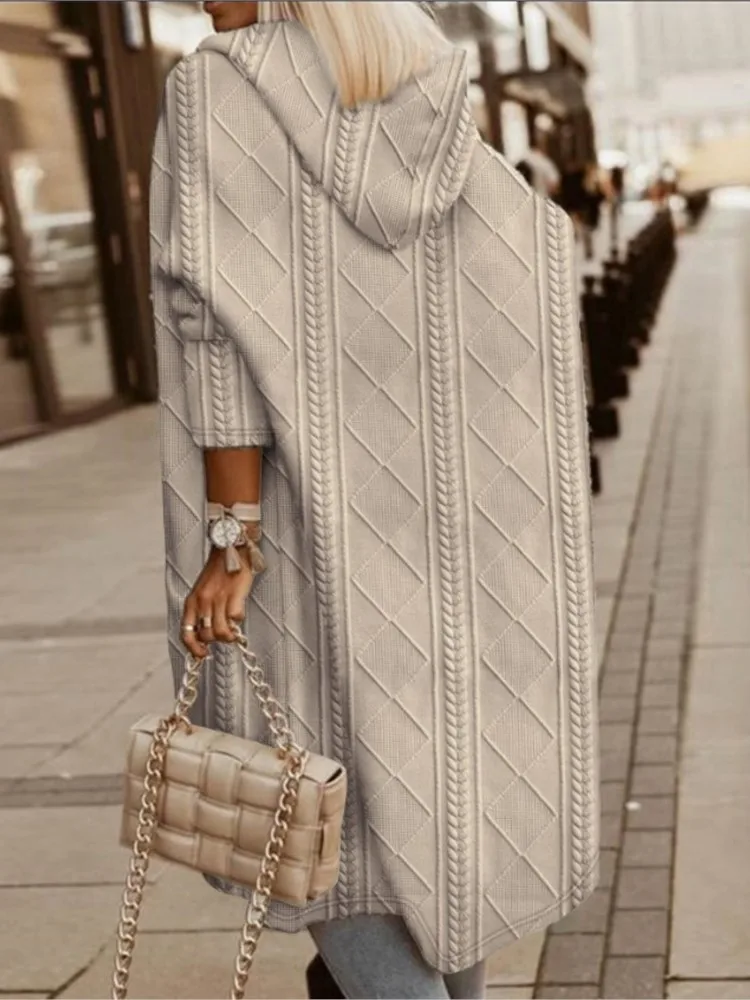 2023 Autumn Winter Women Long Hooded Jacket Fashion Long Sleeve Sweater Cardigan Loose Jacquard Hooded Knited Jacket Casual Coat - Image 2