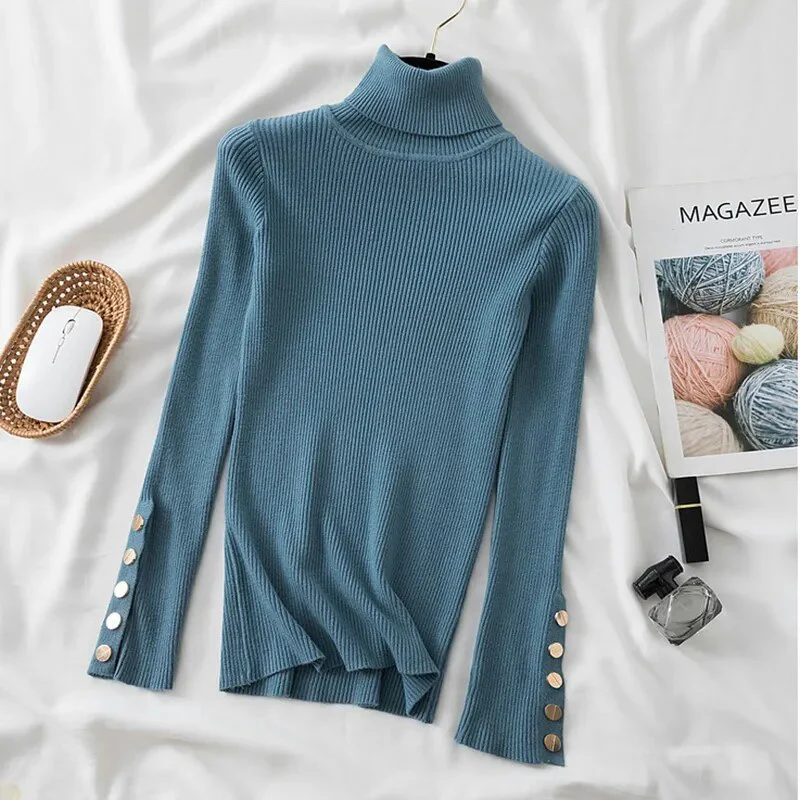 2023 autumn winter women thick sweater pullovers long sleeve button Turtleneck chic Sweater Female Slim knit soft jumper tops - Image 5