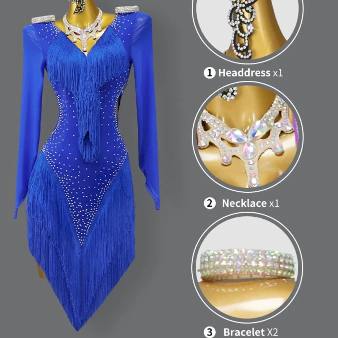Sexy 2023 Blue Latin Dance Competition Costume Ball Practice Wear Line Suit Short Skirt - Image 2