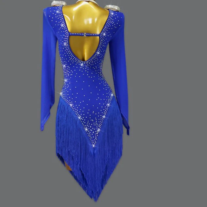 Sexy 2023 Blue Latin Dance Competition Costume Ball Practice Wear Line Suit Short Skirt - Image 6