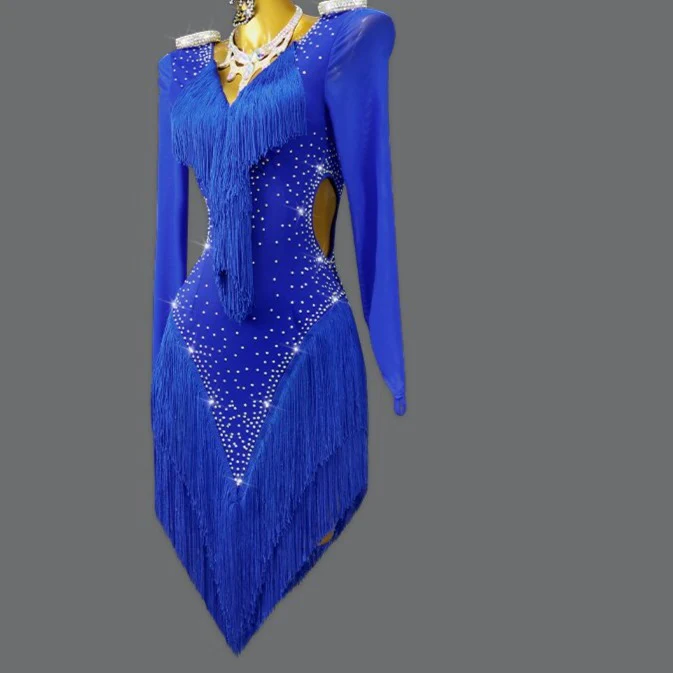 Sexy 2023 Blue Latin Dance Competition Costume Ball Practice Wear Line Suit Short Skirt - Image 7
