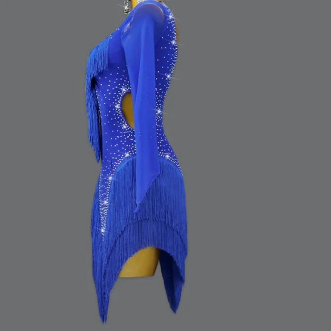 Sexy 2023 Blue Latin Dance Competition Costume Ball Practice Wear Line Suit Short Skirt - Image 8