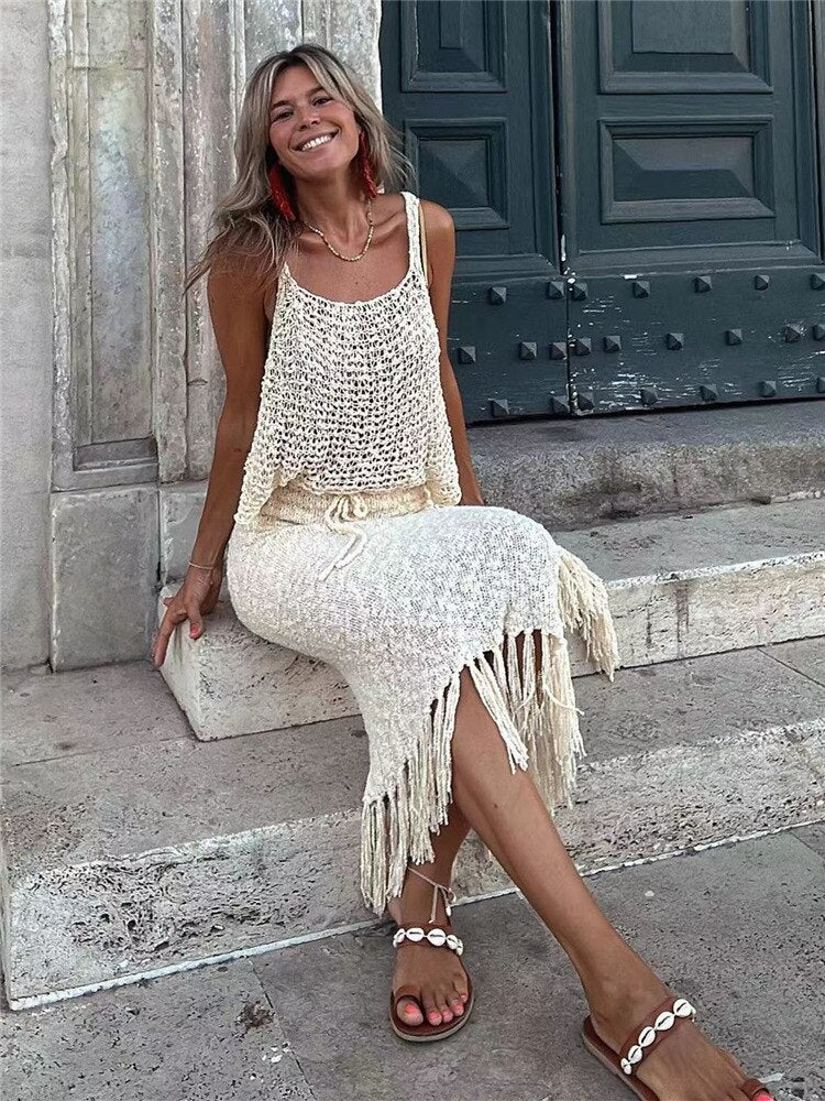 2023 Sexy Camisole Blouse Tassel Beach Long Skirt Two-piece Set - Image 5