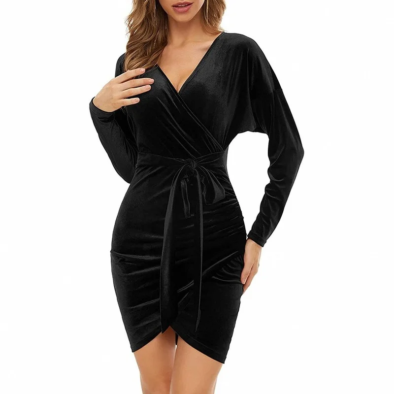 2023 Club Green Mini Dress Velvet Dresses Women Bodycon Autumn Long Sleeve V-Neck Package Hip Sexy Grey Size Female GV1030 - Image 10