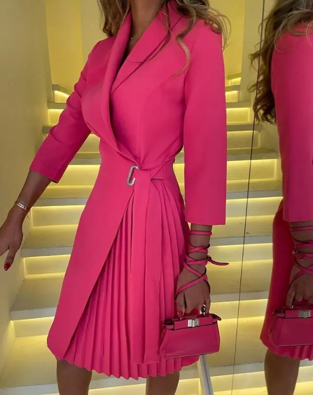2023 Elegant Office Lady Pleated Blazer Dress Women Spring Autumn Fashion Bodycon Party Slim Dress with Slit Tied Dress Vestidos