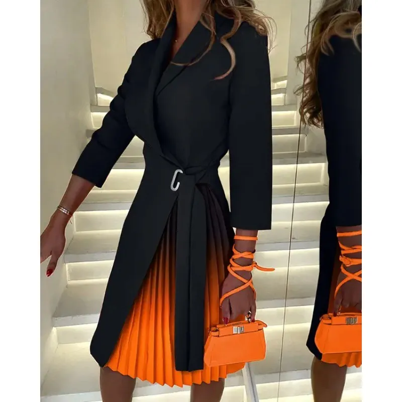2023 Elegant Office Lady Pleated Blazer Dress Women Spring Autumn Fashion Bodycon Party Slim Dress with Slit Tied Dress Vestidos - Image 12