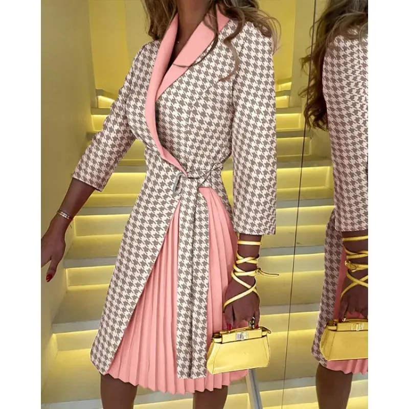 2023 Elegant Office Lady Pleated Blazer Dress Women Spring Autumn Fashion Bodycon Party Slim Dress with Slit Tied Dress Vestidos - Image 4