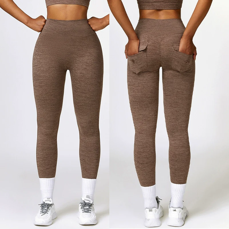 2023 European and American Sanding High Waist Yoga Pants Cationic Cargo Pocket Buttock Lifting Tight Sports Fitness Pants Trousers Women - Image 2