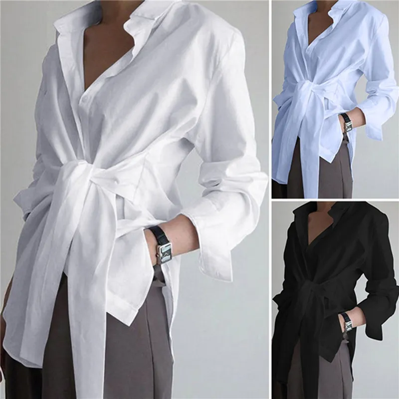 2023 Fashion Blouses Women's Long Sleeve Lapel Casual Loose Shirts Spring Solid Color Bandage Clothes Elegant Lady Tops - Image 4