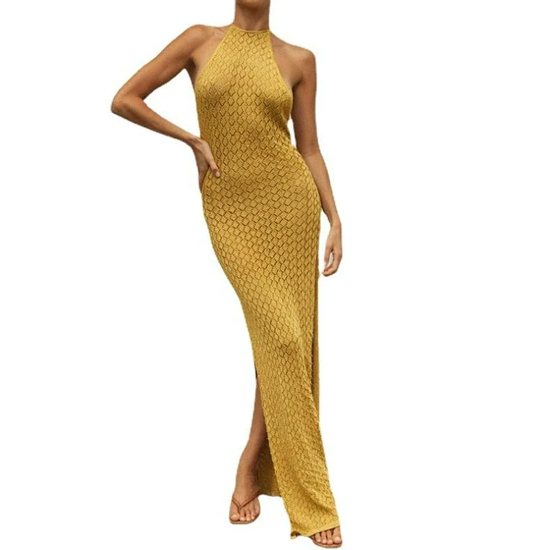 2023 Fashion Slit Knitted Dress Women's Clothing Hollow-out Halter Sexy Suspenders Backless Beach Skirt Long Dress Women - Image 5