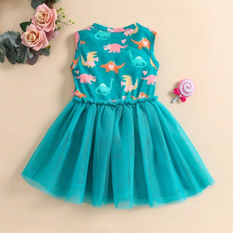 2023 Girls Summer Casual Dress Dinosaur Print Gauze Round Neck Sleeveless Princess Dresses for Kids - Image 6