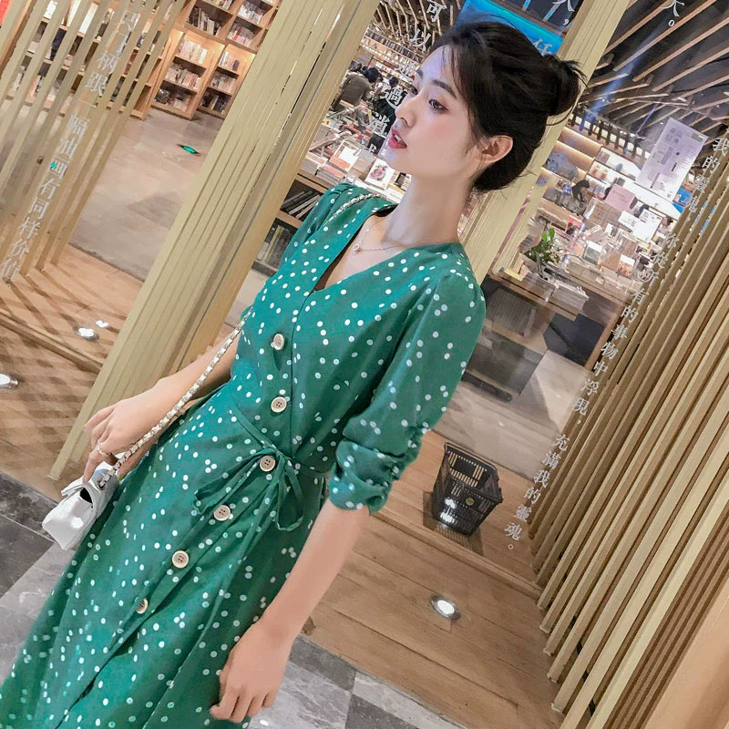 2023 Green Polka Dot Zhixun Dress Niche Style French Retro High Waist Water Green Dress over the Knee A- line Dress Women - Image 2