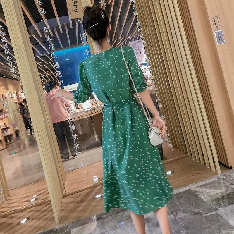 2023 Green Polka Dot Zhixun Dress Niche Style French Retro High Waist Water Green Dress over the Knee A- line Dress Women - Image 4