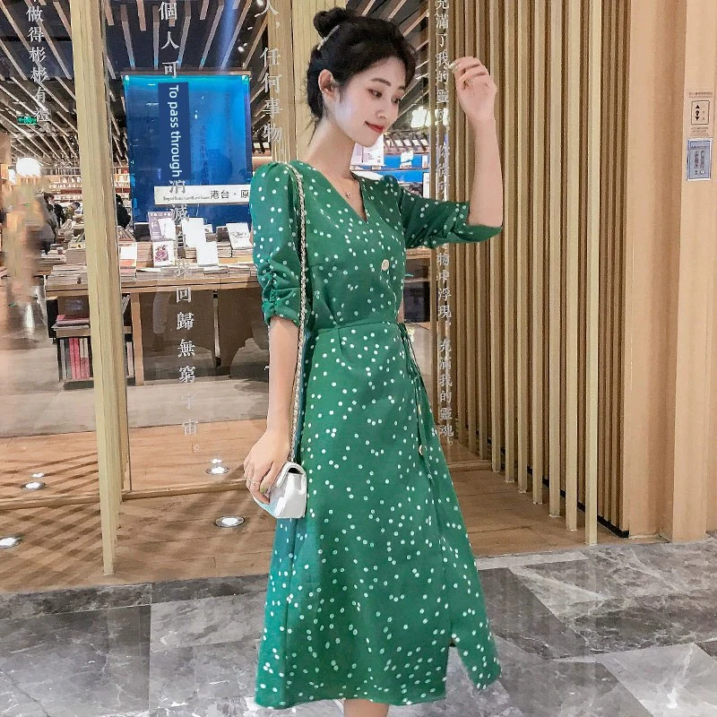 2023 Green Polka Dot Zhixun Dress Niche Style French Retro High Waist Water Green Dress over the Knee A- line Dress Women - Image 6