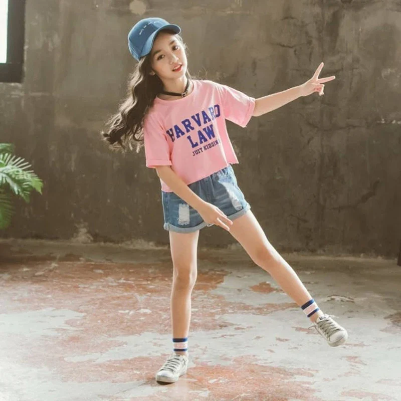 2023 Kids Girls Clothes Set Summer Short Sleeve T-shirt + jeans shorts hot pants Outfits Baby Clothing 4 5 6 7 8 9 10 11 12 year - Image 2