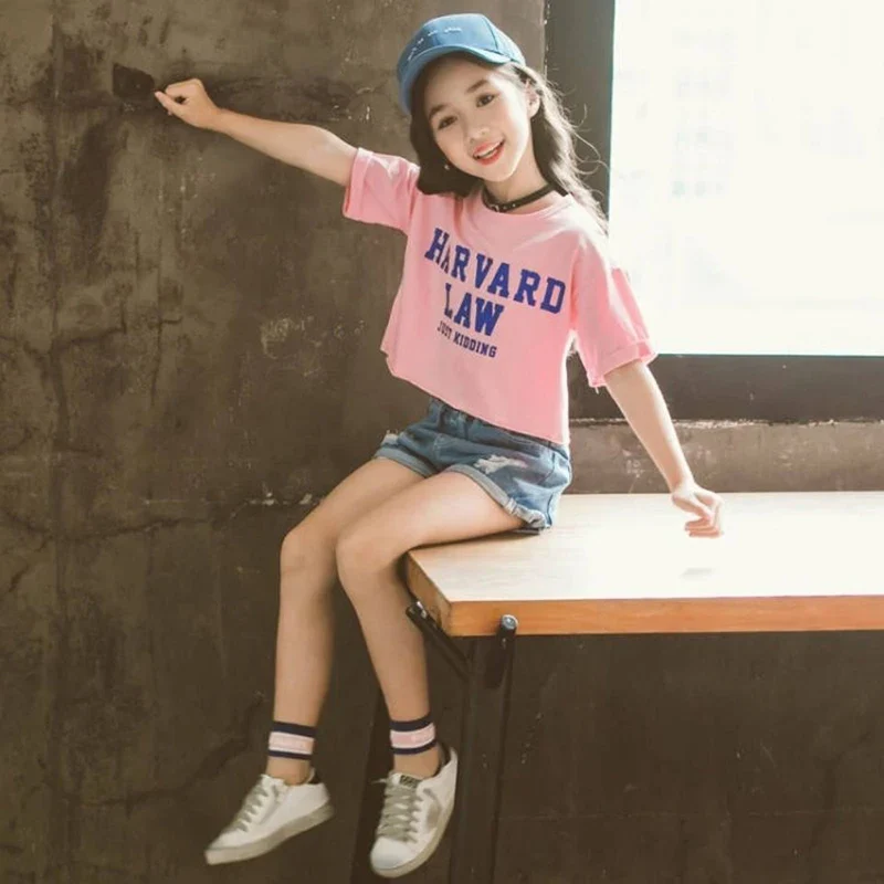 2023 Kids Girls Clothes Set Summer Short Sleeve T-shirt + jeans shorts hot pants Outfits Baby Clothing 4 5 6 7 8 9 10 11 12 year - Image 3