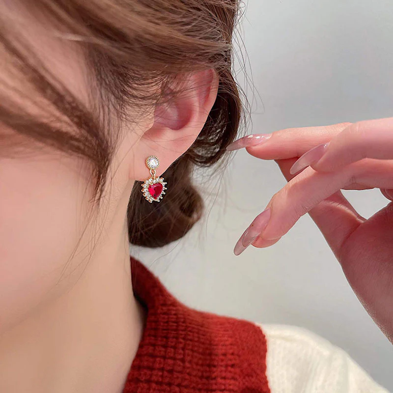 2023 Korean Fashion Jewelry Shining Rhinestone Hollow Heart Drop Earrings for Women Girls Vintage Red Crystal Earrings - Image 23