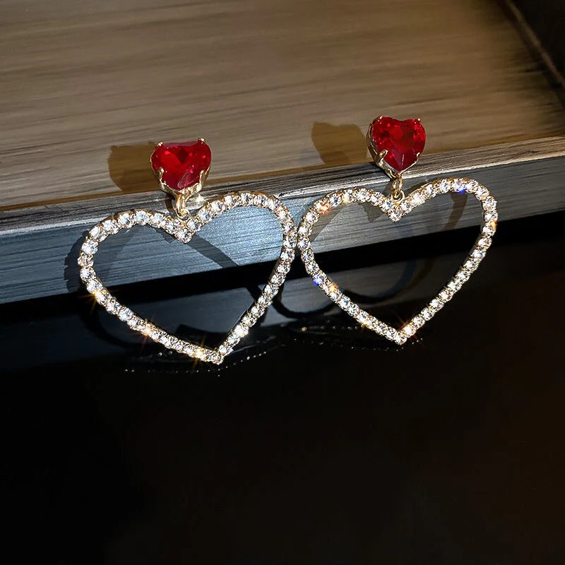 2023 Korean Fashion Jewelry Shining Rhinestone Hollow Heart Drop Earrings for Women Girls Vintage Red Crystal Earrings - Image 24