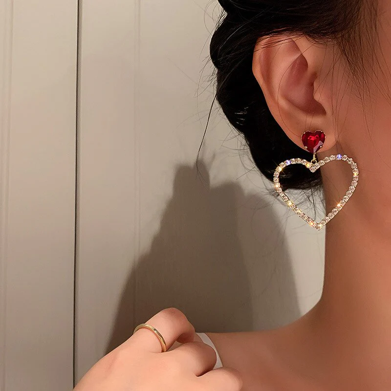 2023 Korean Fashion Jewelry Shining Rhinestone Hollow Heart Drop Earrings for Women Girls Vintage Red Crystal Earrings - Image 25