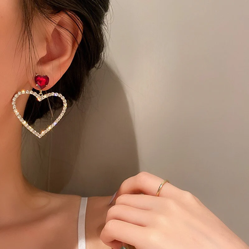 2023 Korean Fashion Jewelry Shining Rhinestone Hollow Heart Drop Earrings for Women Girls Vintage Red Crystal Earrings - Image 26