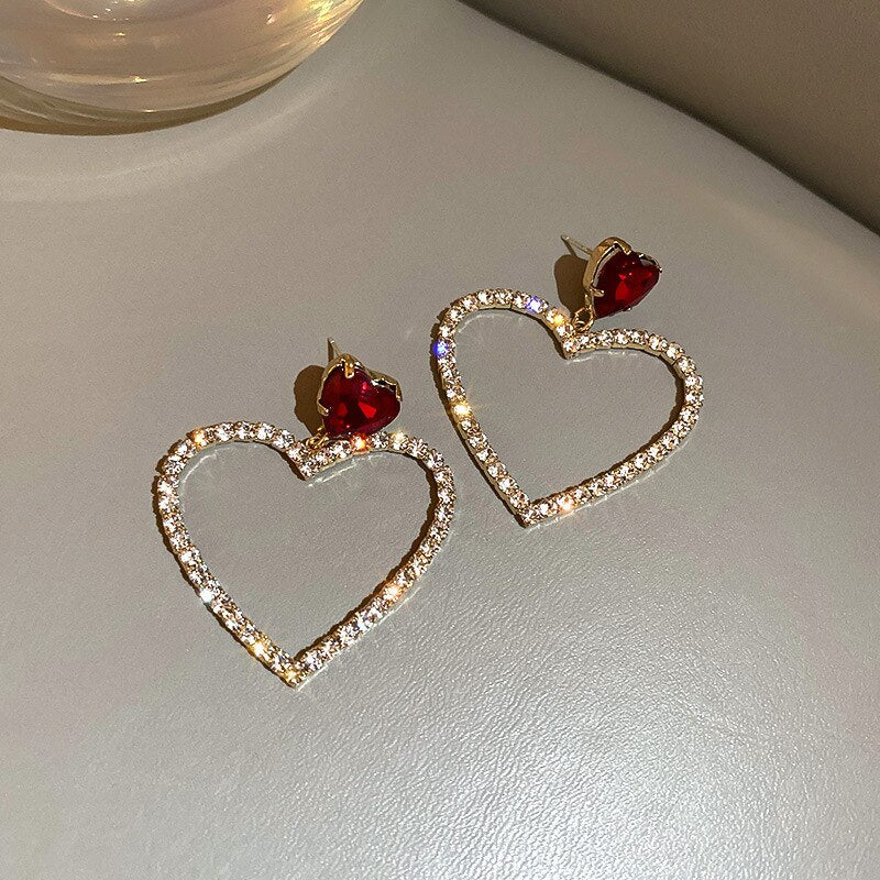 2023 Korean Fashion Jewelry Shining Rhinestone Hollow Heart Drop Earrings for Women Girls Vintage Red Crystal Earrings - Image 27