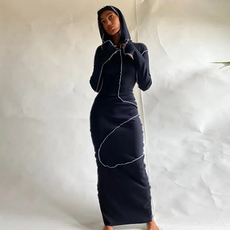 2023 Long Sleeve Hooded Patchwork Skinny Maxi Dress Autumn Winter Women Fashion Streetwear Casual Outfits - Image 7