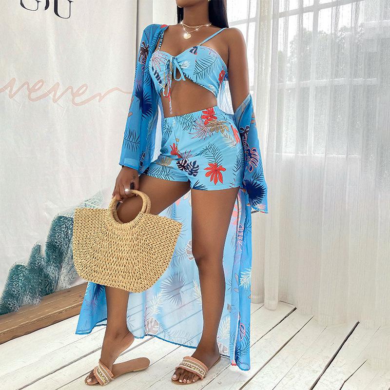 2023 Sexy New 3 Pcs Long Sleeve Bikini Cover Up Swimwear Women Beach Wear High Waist Shorts - Image 3