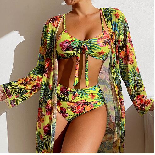 2023 Sexy New 3 Pcs Long Sleeve Bikini Cover Up Swimwear Women Beach Wear High Waist Shorts - Image 6