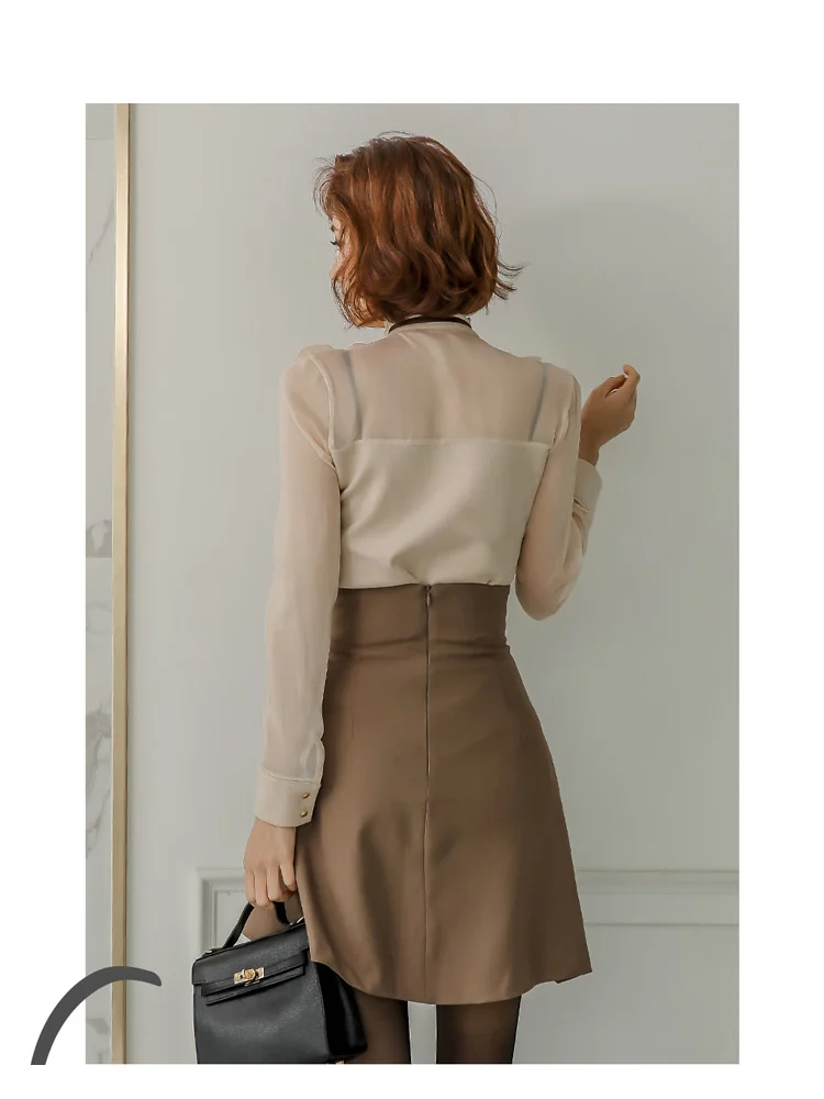 2023 New Autumn Fashion Goddess Sets Women Perspective Ruffles Chiffon Tops + High Waist Mini Korean Sashes Skirt Feminine Suits - Image 3