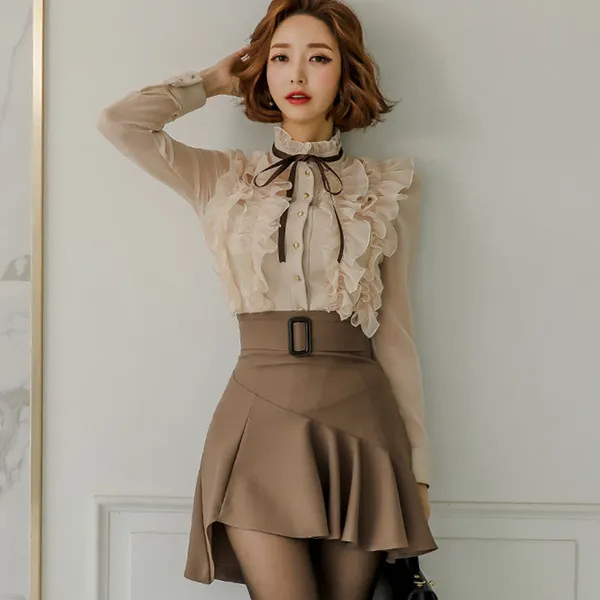 2023 New Autumn Fashion Goddess Sets Women Perspective Ruffles Chiffon Tops + High Waist Mini Korean Sashes Skirt Feminine Suits - Image 7