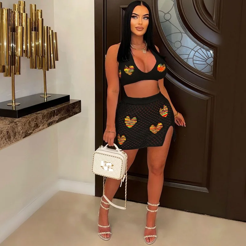 2023 New Crochet 2 Pieces Set Sexy Women Bra Top+ Mini Bodycon Skirts Summer Holidays Beachwear Cover-ups - Image 3