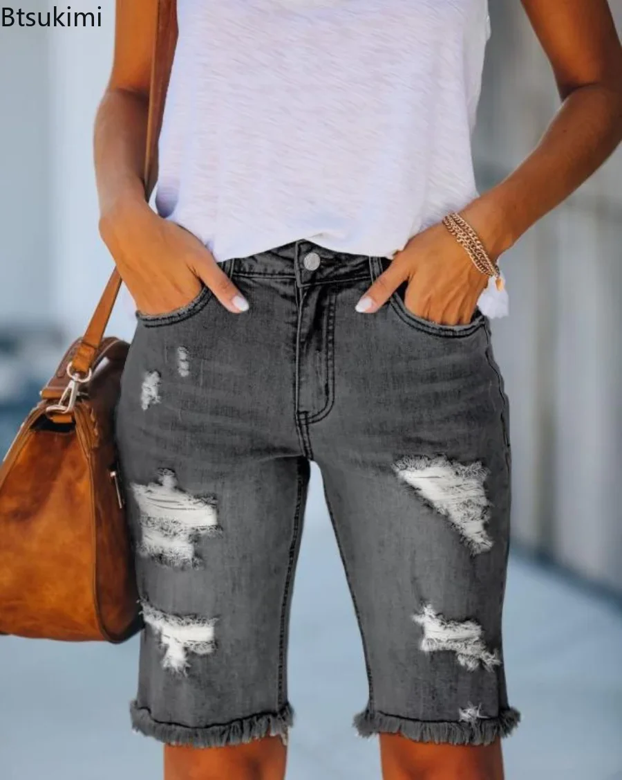 2023 New Cycling Denim Shorts Women Fashion Ripped Tassel Tight Five-Point Shorts Washed Sexy Female Summer Thin Short Jeans 2XL - Image 4