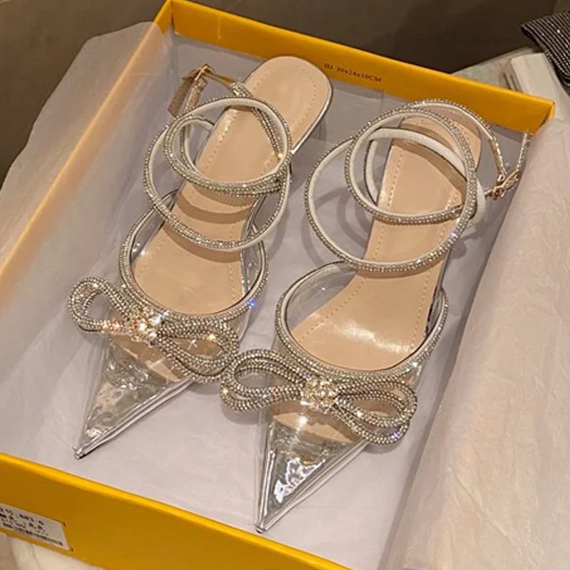 2023 New Fashion Glitter Rhinestones Women Pumps Crystal Bowknot Silk Pointed Toe Buckle Strap Thin High Heels Party Prom Shoes - Image 5
