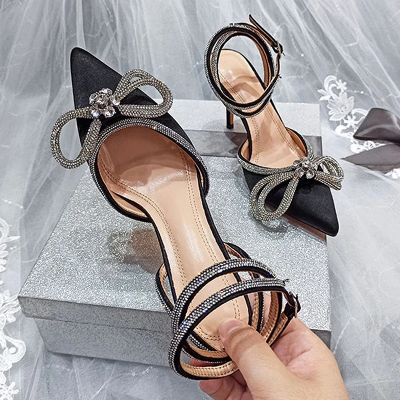 2023 New Fashion Glitter Rhinestones Women Pumps Crystal Bowknot Silk Pointed Toe Buckle Strap Thin High Heels Party Prom Shoes - Image 6