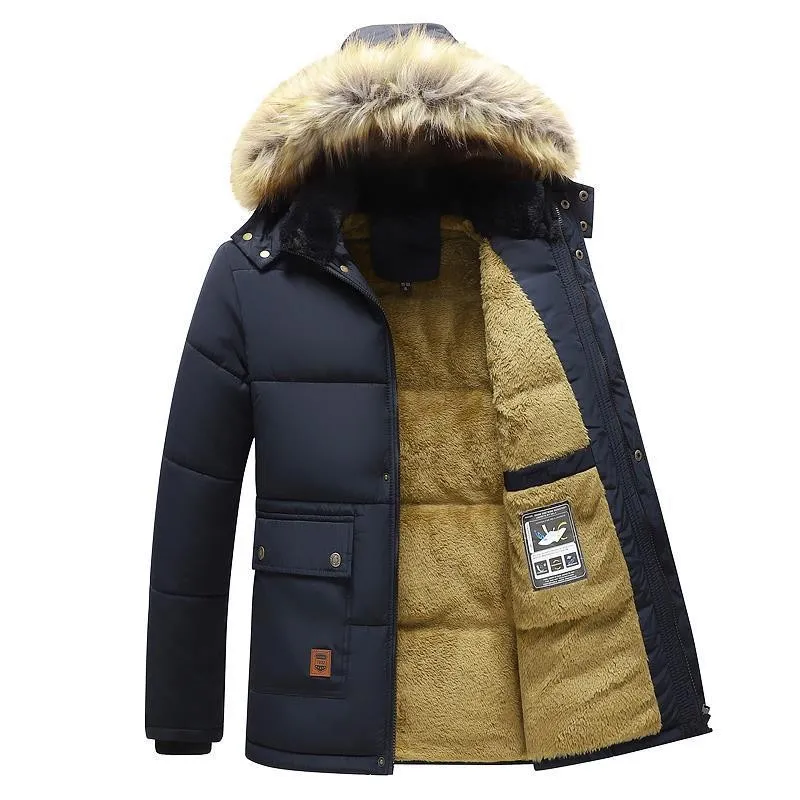 2023 New Men Winter Parka Fleece Lined Thick Warm Hooded Fur Collar Coat Male Size 5XL Plush Jacket Autumn Work Outwearing Black - Image 4