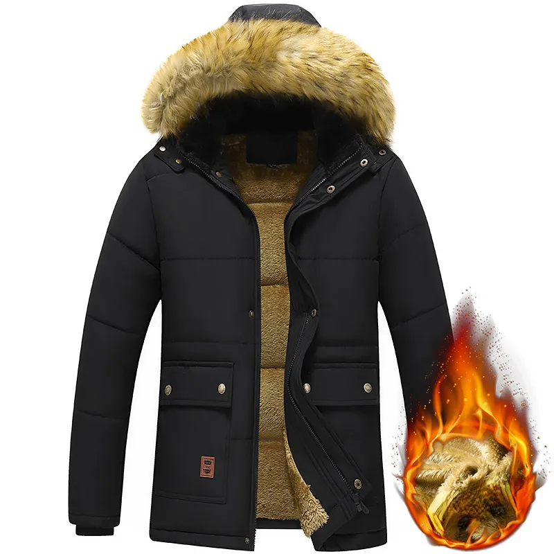 2023 New Men Winter Parka Fleece Lined Thick Warm Hooded Fur Collar Coat Male Size 5XL Plush Jacket Autumn Work Outwearing Black - Image 5