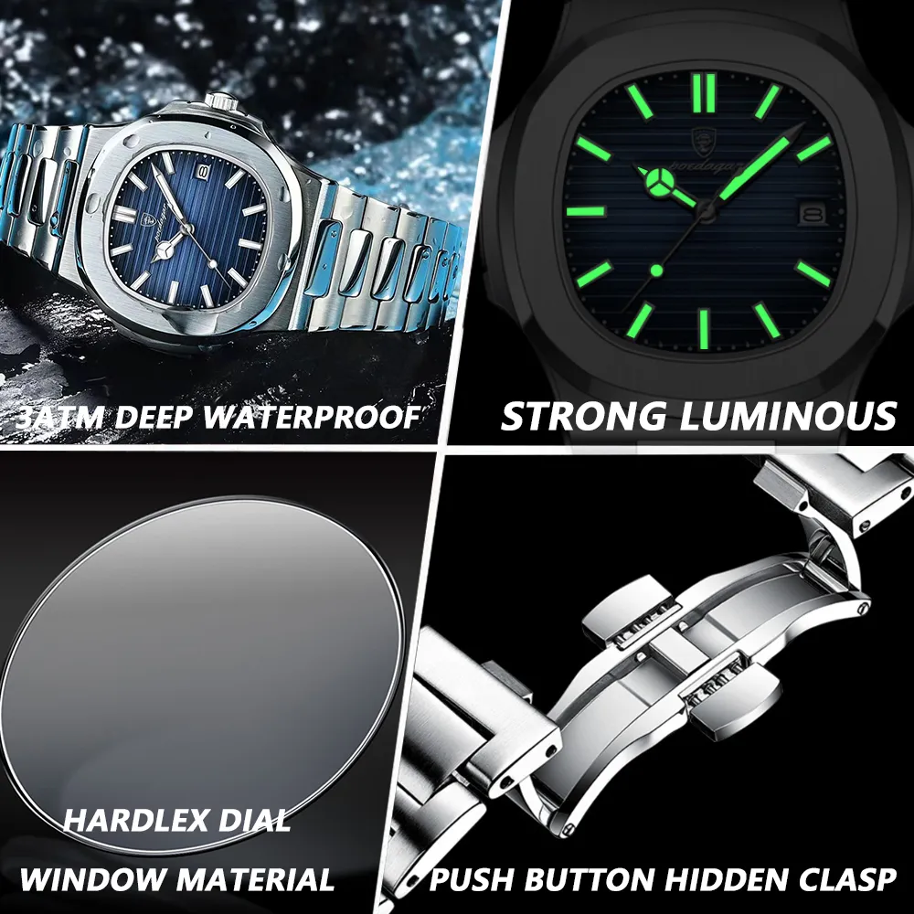 2023 New POEDAGAR Luxury Watch Business Waterproof Male Clock Luminous Date Stainless Steel Square Quartz Men Watch reloj hombre - Image 5