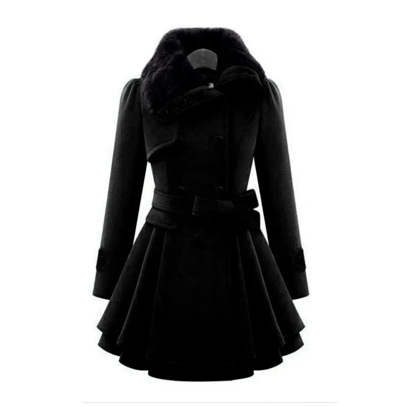 2023 New Sales of Large Size Women Slim Mid-length Woolen Coat Double Breasted Thick Big Fur Collar Trench Coat - Image 2
