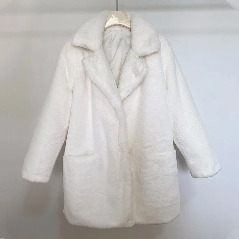 2023 New Solid Plush Faux Rabbit Fur Jacket Coat Women Winter Thicken Warm Overcoats Chic Girls Long Lapel Collar Fake Fur Coats - Image 10