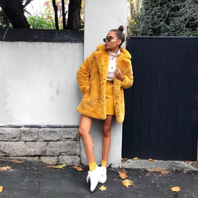 2023 New Solid Plush Faux Rabbit Fur Jacket Coat Women Winter Thicken Warm Overcoats Chic Girls Long Lapel Collar Fake Fur Coats - Image 2