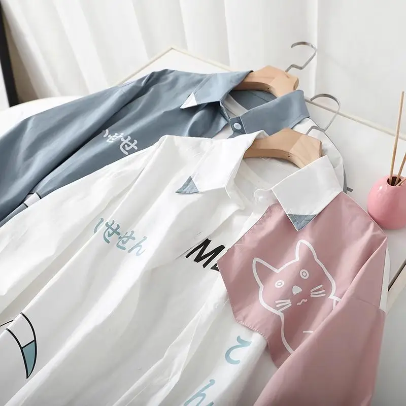 2023 New Spring and Autumn College Style Youth Loose Casual Trend Japanese Polo Neck Cartoon Cat Print Long Sleeve Shirt - Image 5