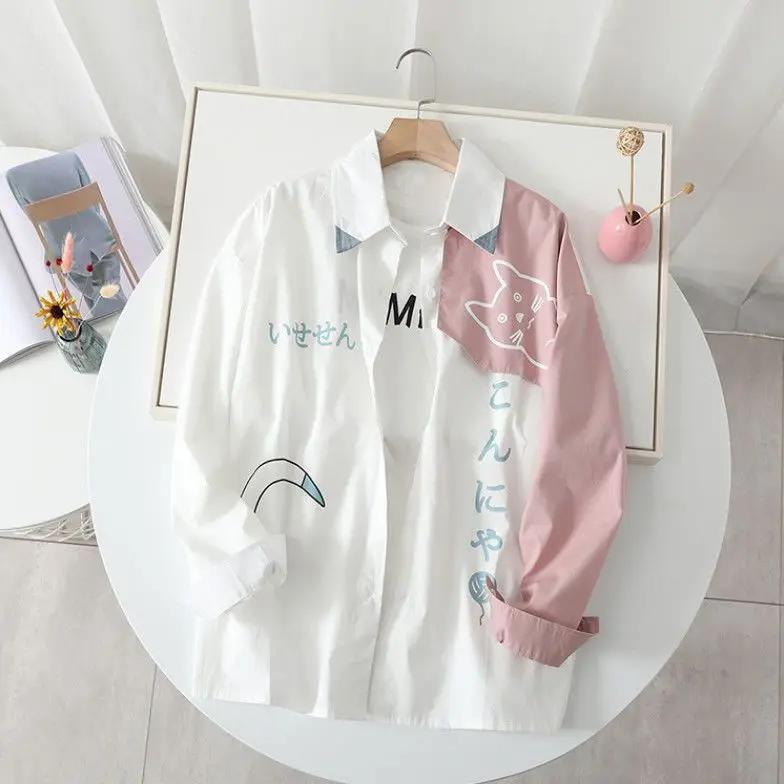 2023 New Spring and Autumn College Style Youth Loose Casual Trend Japanese Polo Neck Cartoon Cat Print Long Sleeve Shirt - Image 6